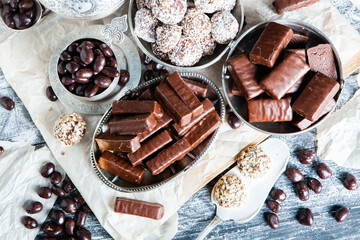 Assortment of delicious chocolate candies background. Chocolate candy isolated 