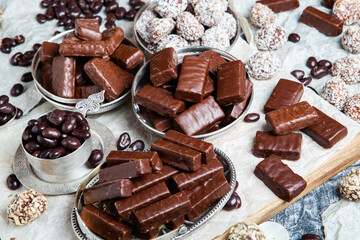 Assortment of delicious chocolate candies background. Chocolate candy isolated 