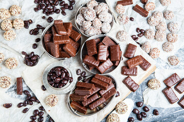 Assortment of delicious chocolate candies background. Chocolate candy isolated 