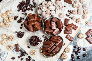 Assortment of delicious chocolate candies background. Chocolate candy isolated 