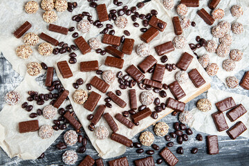 Assortment of delicious chocolate candies background. Chocolate candy isolated 