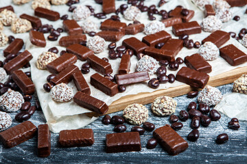 Assortment of delicious chocolate candies background. Chocolate candy isolated 
