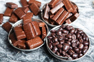Assortment of delicious chocolate candies background. Chocolate candy isolated 