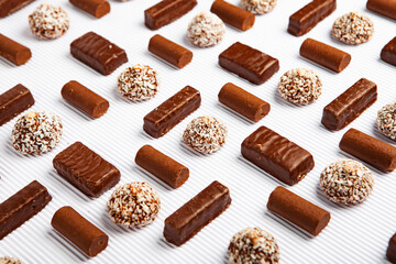 Assortment of delicious chocolate candies background. Chocolate candy isolated 