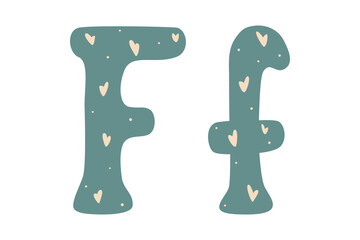 Cute alphabet letters with hearts, colored doodles on white background. Letter F in cartoon style. Vector illustration for children. Wrapping paper, decoration, design of nursery