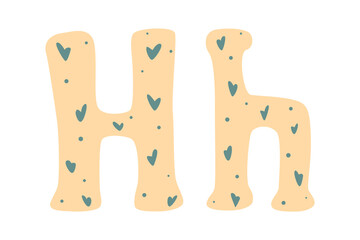 Cute alphabet letters with hearts, colored doodles on white background. Letter H in cartoon style. Vector illustration for children. Wrapping paper, decoration, design of nursery