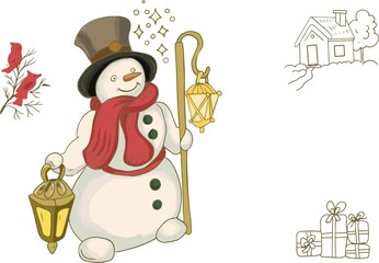 
snowman new year christmas graphic hand-drawn illustration. cute baby coloring print

