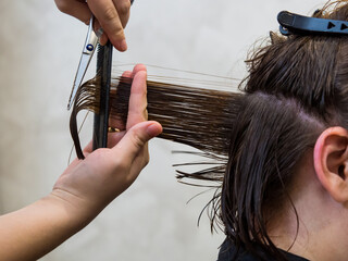 Get rid of split ends. cutting a client's hair with scissors in a beauty salon.