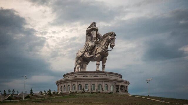 Zoom out time lapse view of the iconic Equestrian Statue of Genghis Khan near Ulan Bator, capital of Mongolia. 