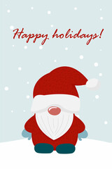 Christmas gnome card. Santa gnome poster. Cute new year cartoon scandinavian character. Stock vector illustration isolated on white background.