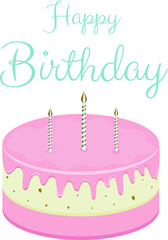 Happy birthday cute greeting card design. Cake and candles on a white background. Vector illustration.