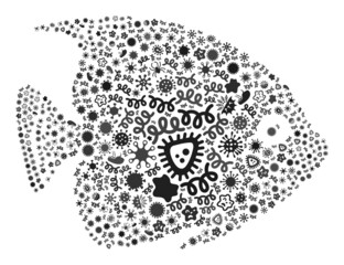 Vector infection tropical fish icon mosaic of contagious items. Tropical fish mosaic is shaped of infection items, parasites, microbes, spores, contagious agents, and based on tropical fish icon.