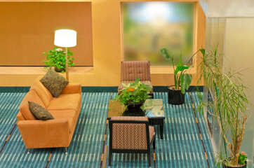 Lounge area of a hotel. Fragment of the lobby of the five stars hotel. Interior design.