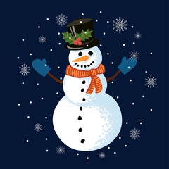 Christmas greeting card Snowman with snowflakes cartoon vector illustration