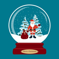 Snow globe christmas toy with Santa Claus and fir trees cartoon vector illustration