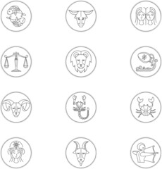 Vector graphic illustration of zodiac signs. Aries; Taurus; Gemini; Cancer; Leo; Virgo; Libra; Scorpio; Sagittarius; Capricorn; Aquarius and Pisces.