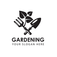 gardening emblem with trowel spade, garden fork and treeisolated on white background