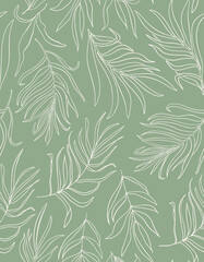 White Vector Palm Leaves Seamless Repeat Pattern. Random Placed, Botanical Plants All Over Print on Sage Green Background.	