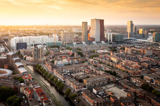 Panorama of The Hague with golden sunlight, Netherlands
