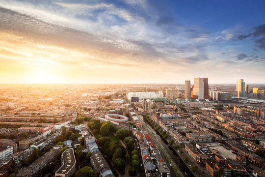 Panorama of The Hague with golden sunlight, Netherlands