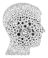 Vector infection man head profile icon mosaic of contagious items. Man head profile collage is shaped of infection items, parasites, microbes, spores, contagious agents,