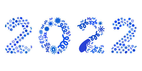 Vector infectious 2022 digits text icon collage of contagious items. 2022 digits text mosaic is made of infectious items, parasites, microbes, spores, contagious agents,