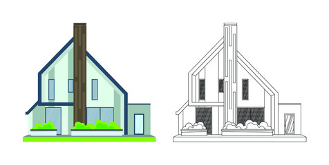 Vector illustration of a house on a white background. Sweet home. Icons for cottages, townhouses, villas, houses, buildings. A hand drawn house. The project of the building. Drawing of the house