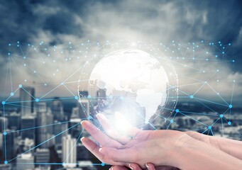 Global communication network concept. Digital transformation and city background.
