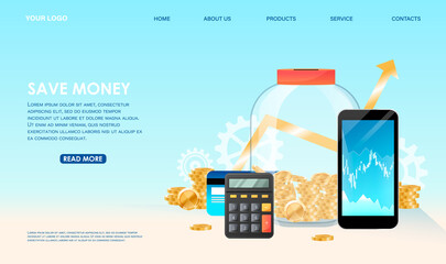Money management concept of can with golden coins, diagrams, calculator, smartphone, credit card. Mobile app service to track income, expense, investing, budgeting, banking, evaluate taxes. Vector