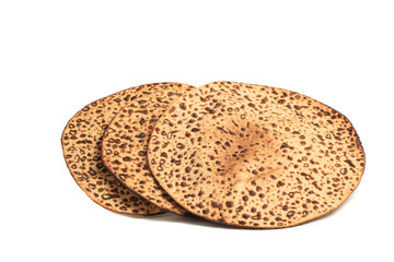Three Round Passover Matzo isolated on white with clipping path