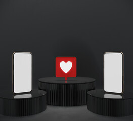 3d rendering two smartphones and one like on the podium