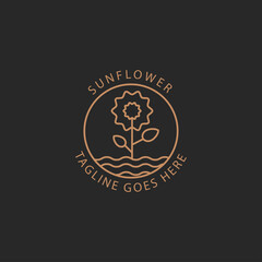 sunflower logo with stem in gold color, vintage logo design with line art icon style.