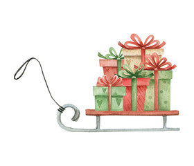 Gift boxes on the sled. Watercolor illustration isolated on white.
