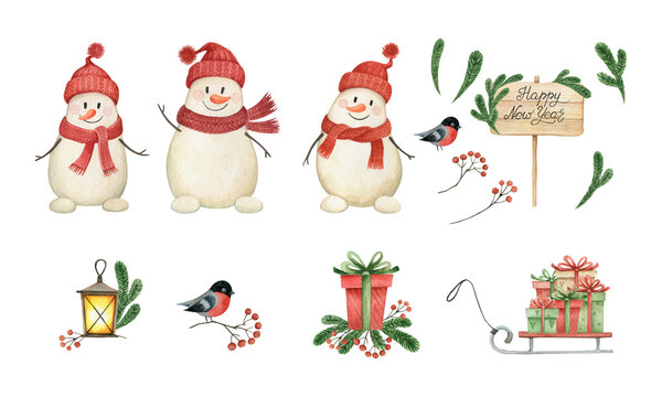 Snowmen in red hat and scarf, gift boxes on the sled, lantern, fir-tree twigs, bullfinch, rowan berries , wooden plank with greeting lettering - Happy New Year. Watercolor clipart isolated on white.