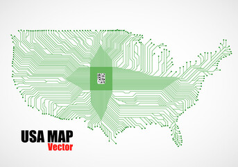 Abstract map USA with cpu. Circuit board. Technology background. Vector