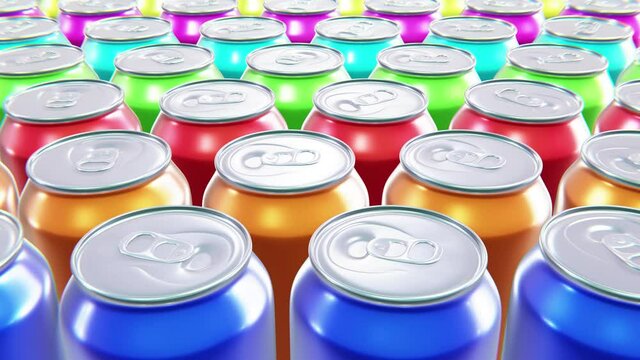 Realistic looping 3D animation of the colorful aluminum drink cans rendered in UHD