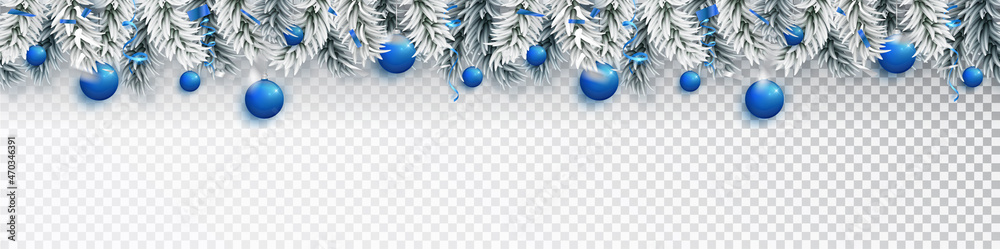 Wall mural Blue Christmas border with fir silver branch blue balls. Traditional holiday decorations