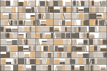 Library with bookcases. Many different books on the shelves. Large selection of books in a bookcase. Vector image for printing on wallpaper.