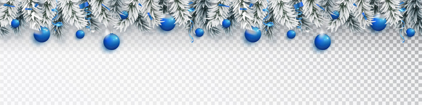 Blue Christmas border with fir silver branch blue balls. Traditional holiday decorations