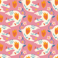 Dove of peace childish cartoon boho naive funky handdrawn style art seamless pattern