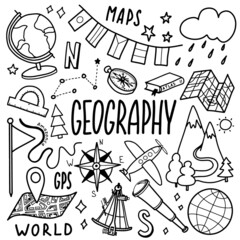 Geography symbols icon set. School subject design. Education outline sketch in doodle style. Study, science concept. Back to school background for notebook, sketchbook. Hand drawn vector illustration.