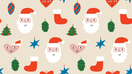 Holiday seamless pattern with santa, socks, christmas tree, stars and hearts. Funny and funky faces. Vector seamless background. Trendy hand-drawn elements
