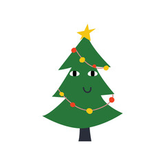 Cute illustration of christmas tree with funny face. Isolated white background
