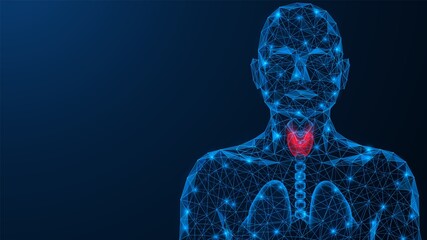 Acute inflammation of the thyroid gland. Low-poly design of interconnected lines and dots. Blue background. - obrazy, fototapety, plakaty
