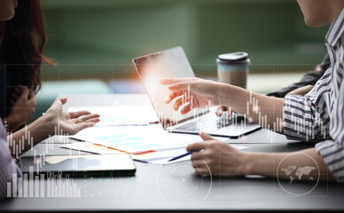 Business Team Working Startup modern Office.Global Strategy.Innovation Graphs Interfaces.Analyze market stock.