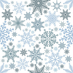 Simple Christmas seamless pattern. Snowflakes with different ornaments. On black background
