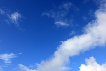 Clear blue sky with white clouds, suitable for a background replacement.