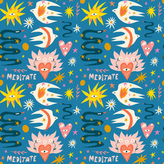 Peace and love doodles childish cartoon boho naive funky handdrawn style art seamless pattern