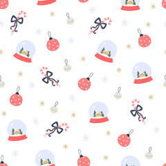 Seamless cute background with Christmas theme. Vector illustration with a snow globe, Christmas balls and snowflakes. For printing on wrapping paper for a gift.