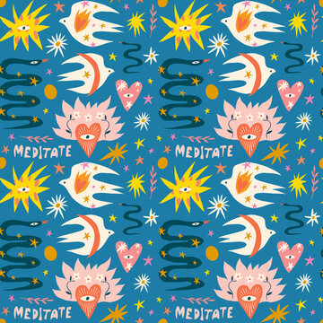 Peace and love doodles childish cartoon boho naive funky handdrawn style art seamless pattern